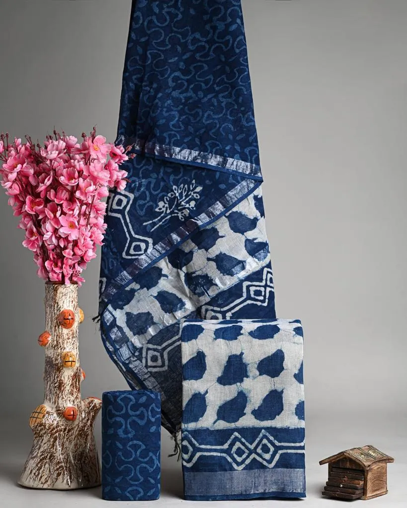 Hand Block Printed Linen Unstitched Suit .
