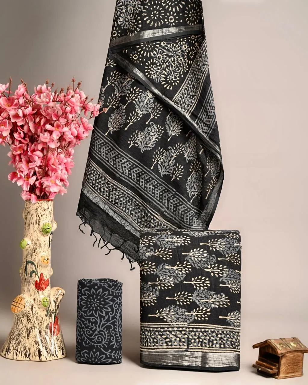Hand Block Printed Linen Unstitched Suit .