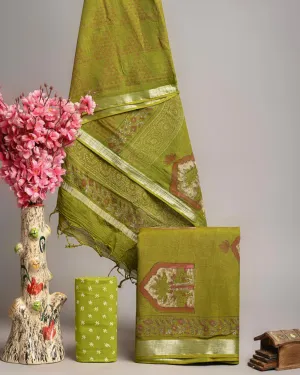 Hand Block Printed Linen Unstitched Suit .