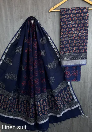 Hand Block Printed Linen Unstitched Suit .