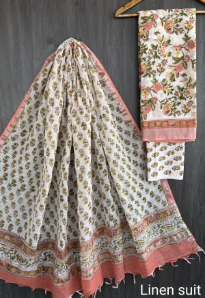 Hand Block Printed Linen Unstitched Suit .