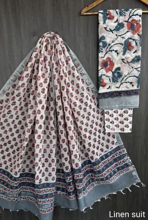 Hand Block Printed Linen Unstitched Suit .