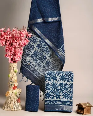 Hand Block Printed Linen Unstitched Suit .