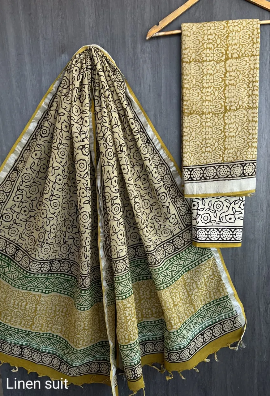 Hand Block Printed Linen Unstitched Suit .