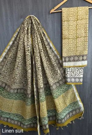 Hand Block Printed Linen Unstitched Suit .