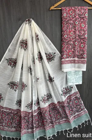 Hand Block Printed Linen Unstitched Suit .