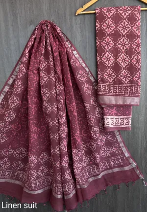 Hand Block Printed Linen Unstitched Suit .