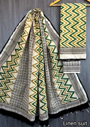 Hand Block Printed Linen Unstitched Suit .