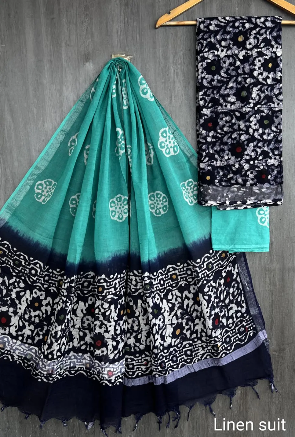 Hand Block Printed Linen Unstitched Suit .