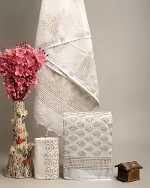 Hand Block Printed Linen Unstitched Suit .
