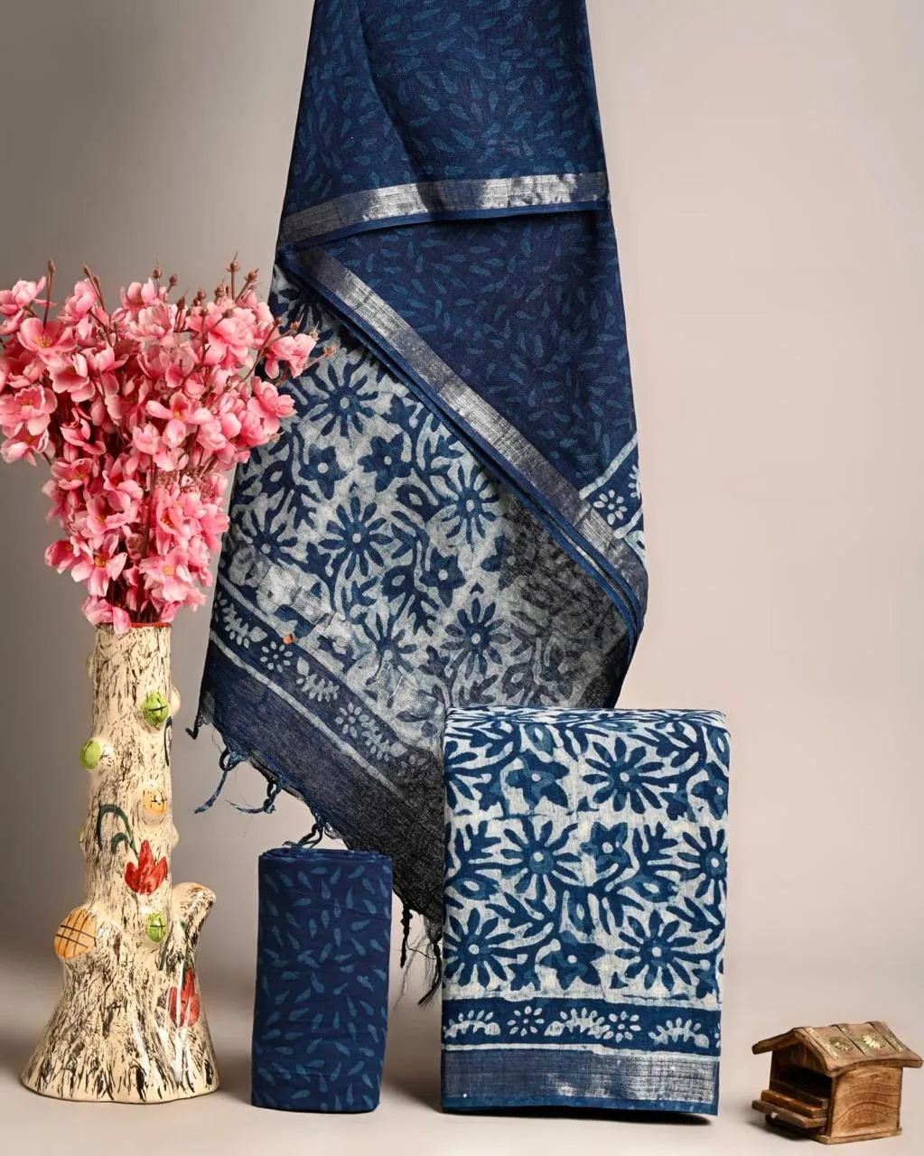 Hand Block Printed Linen Unstitched Suit .