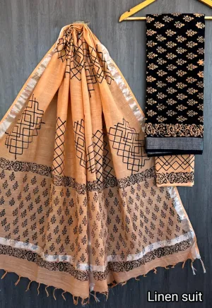 Hand Block Printed Linen Unstitched Suit .