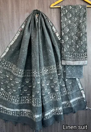 Hand Block Printed Linen Unstitched Suit .