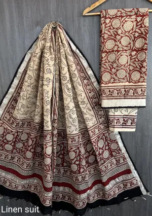 Hand Block Printed Linen Unstitched Suit .