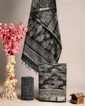 Hand Block Printed Linen Unstitched Suit .