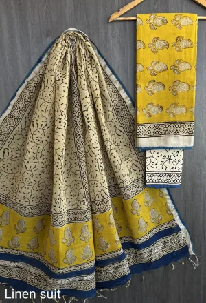 Hand Block Printed Linen Unstitched Suit .
