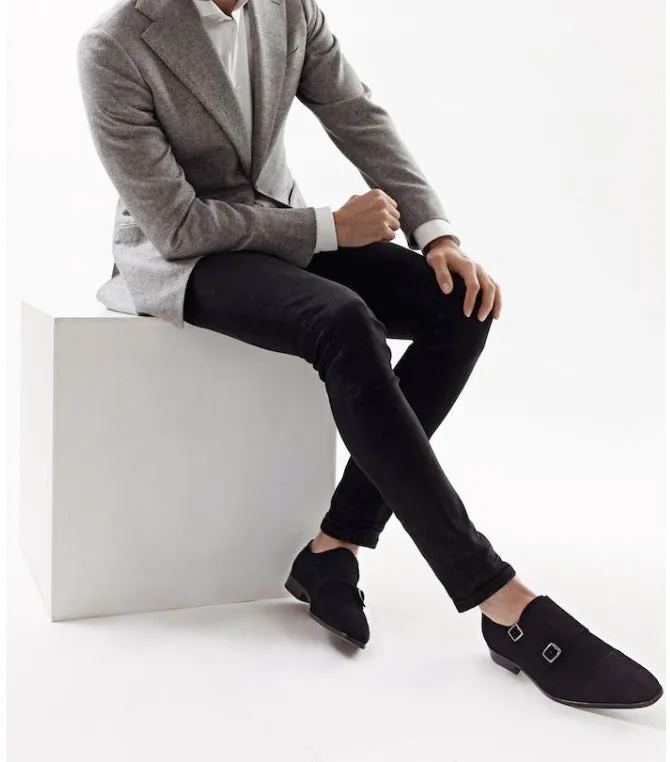 Handmade Black Suede Monk Dress Shoes for Men