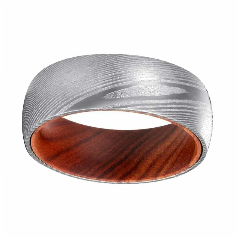 HEMI Men's Domed Damascus Steel Ring with Iron Wood Sleeve 8mm