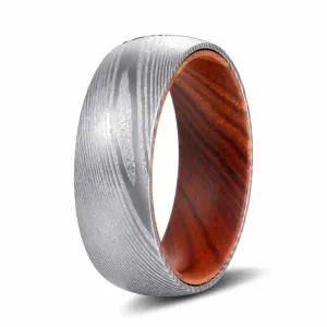 HEMI Men's Domed Damascus Steel Ring with Iron Wood Sleeve 8mm
