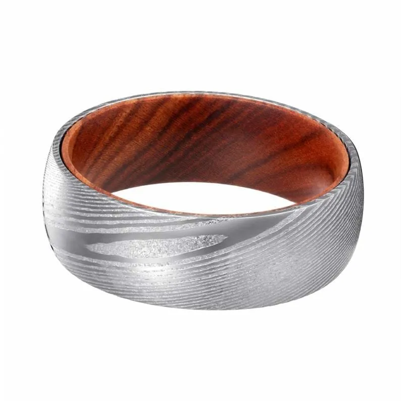 HEMI Men's Domed Damascus Steel Ring with Iron Wood Sleeve 8mm