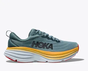 Hoka Men's Bondi 8 Cushioned Road Running Shoe in Goblin Blue/Mountain Spring & Black/White Available in Wide Widths