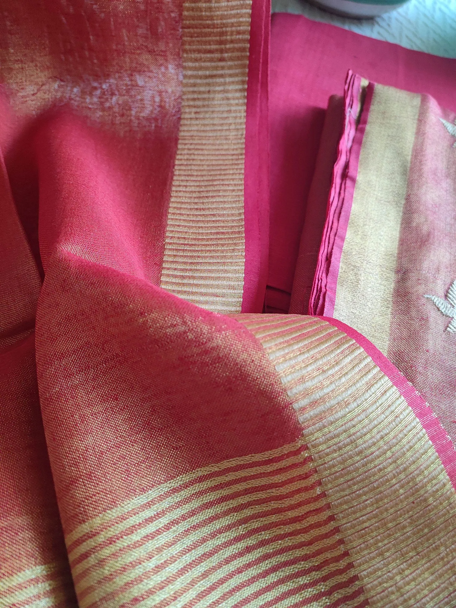 Hot Pink Handloom Soft Tissue Linen Suit With Resham Embroided Shirt & Zari Border Dupatta