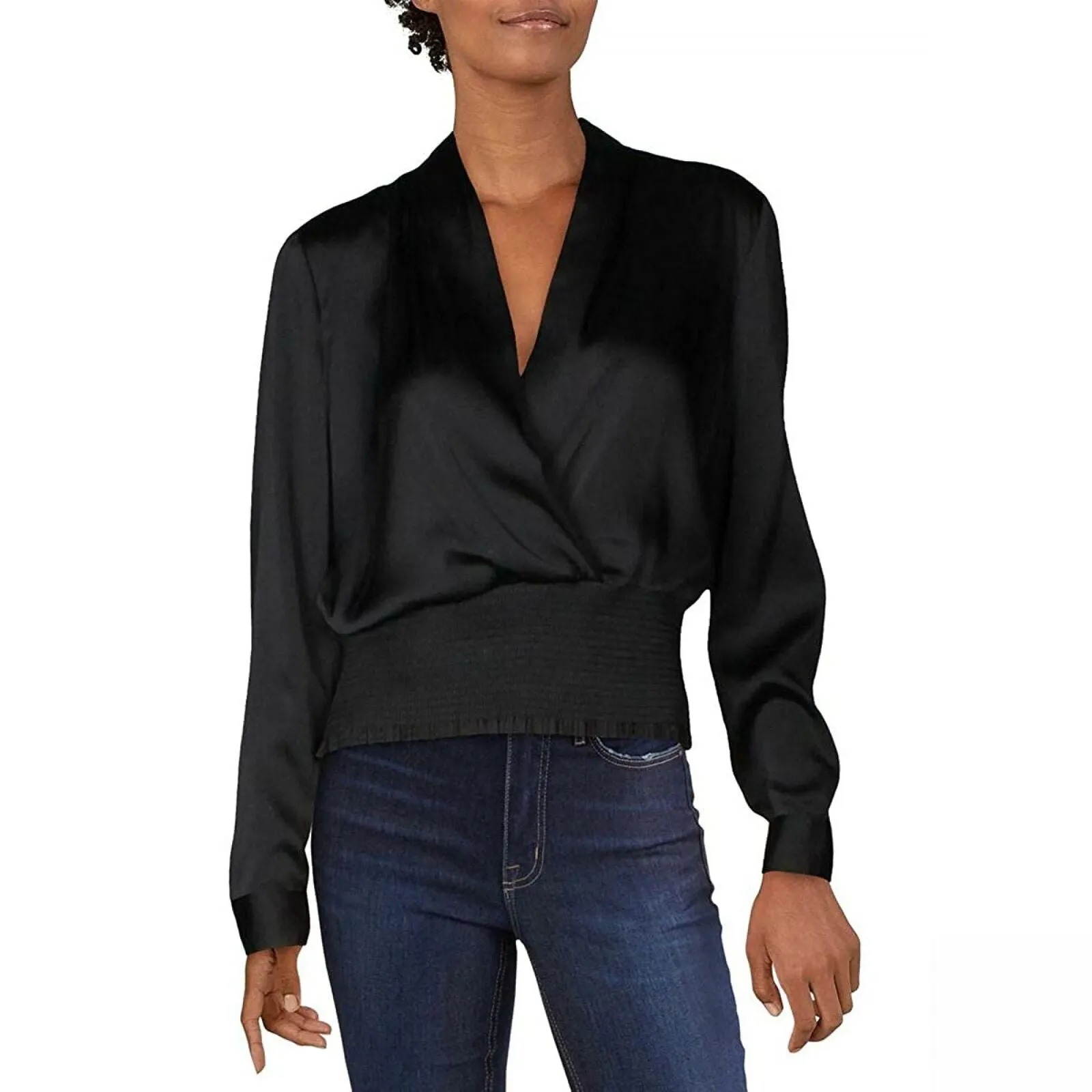 INC International Concepts Women's Smocked Satin Surplice Top