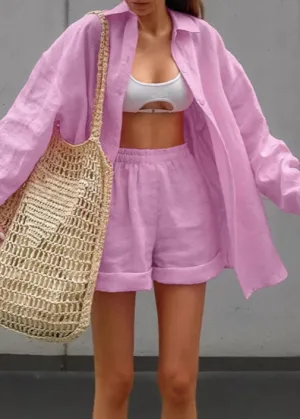 Isla – Pink Linen Shirt and Shorts Set