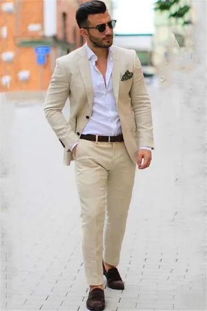 Ivory Casual Summer Two-piece Linen Blazer Mens Suits Beige Slim Fit Groom Wedding Tuxedo