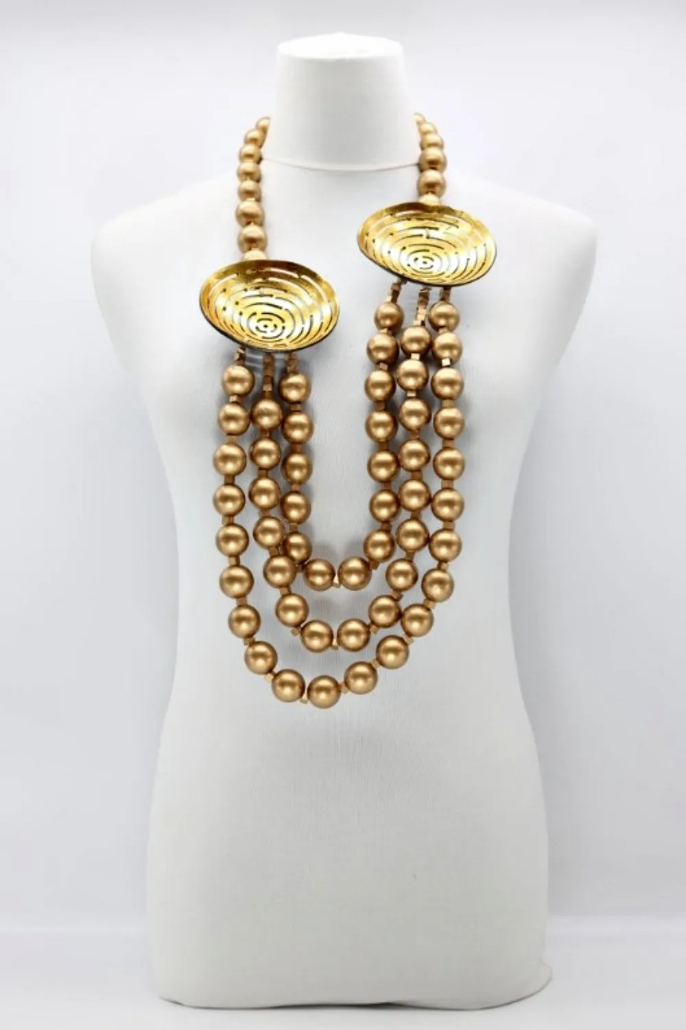 JIANHUI LONDON BIG GOLD THREE STRAND TIMBER BEAD NECKLACE WITH COCONUT SHELLS