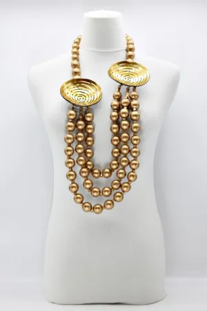 JIANHUI LONDON BIG GOLD THREE STRAND TIMBER BEAD NECKLACE WITH COCONUT SHELLS