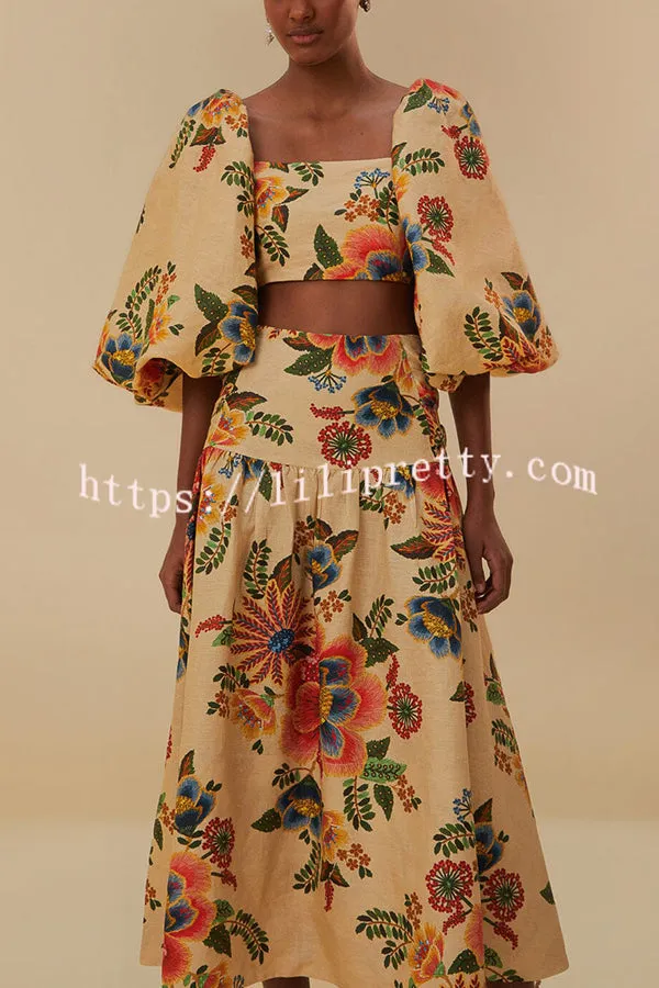 Jungle Style Linen Blend Floral Print Puff Sleeve Crop Top and High Waist Midi Skirt Set