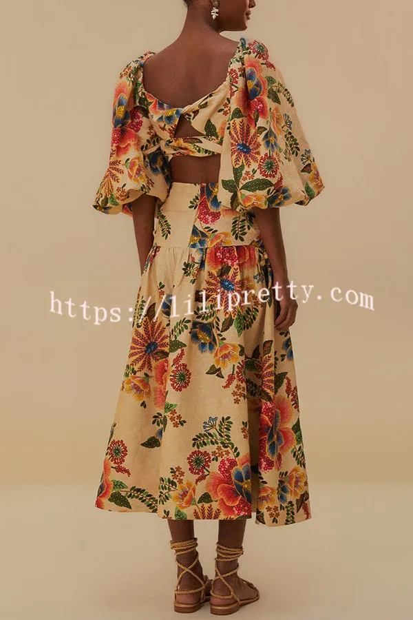 Jungle Style Linen Blend Floral Print Puff Sleeve Crop Top and High Waist Midi Skirt Set