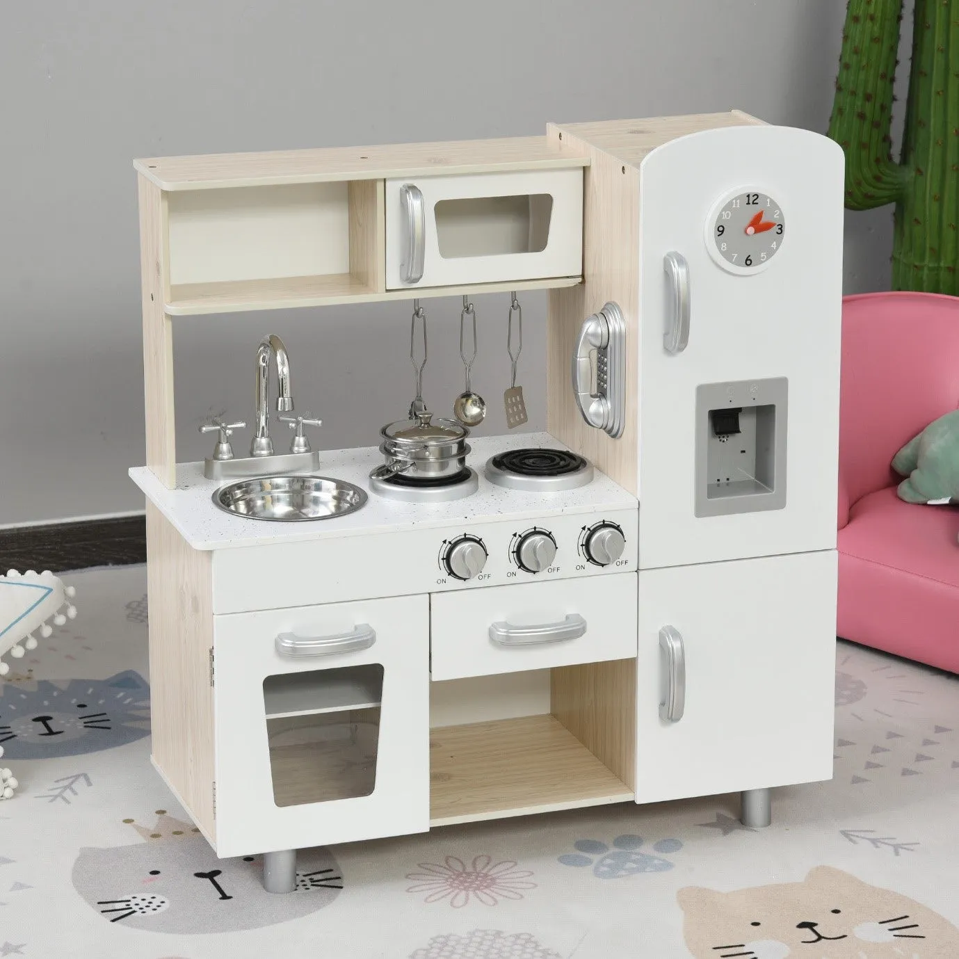 Kids Montessori Inspired Wooden Toy Kitchen with Realistic Sounds & Accessories | Natural & White