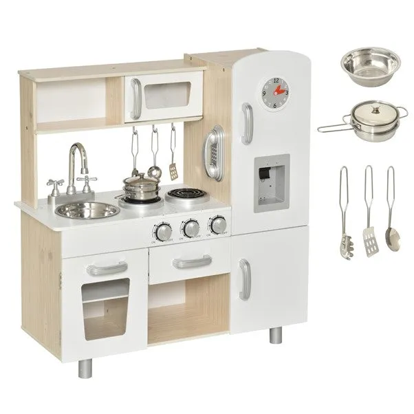 Kids Montessori Inspired Wooden Toy Kitchen with Realistic Sounds & Accessories | Natural & White