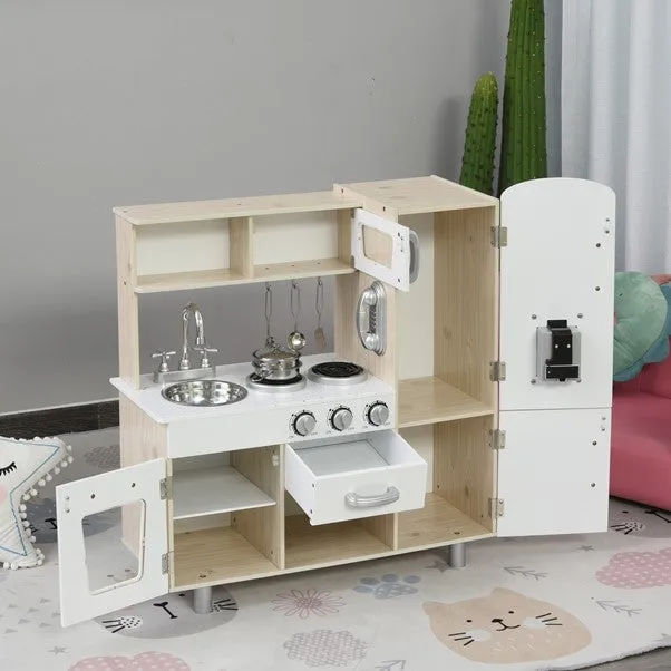 Kids Montessori Inspired Wooden Toy Kitchen with Realistic Sounds & Accessories | Natural & White