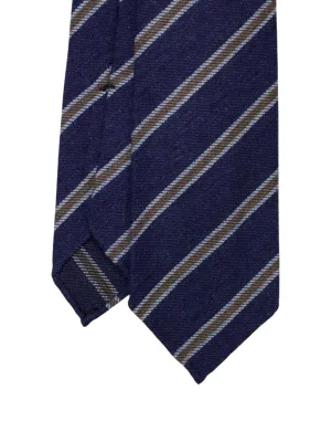Kiton 5-Fold Indigo Blue & Brown Handrolled Cashmere, Wool & Silk Striped Tie
