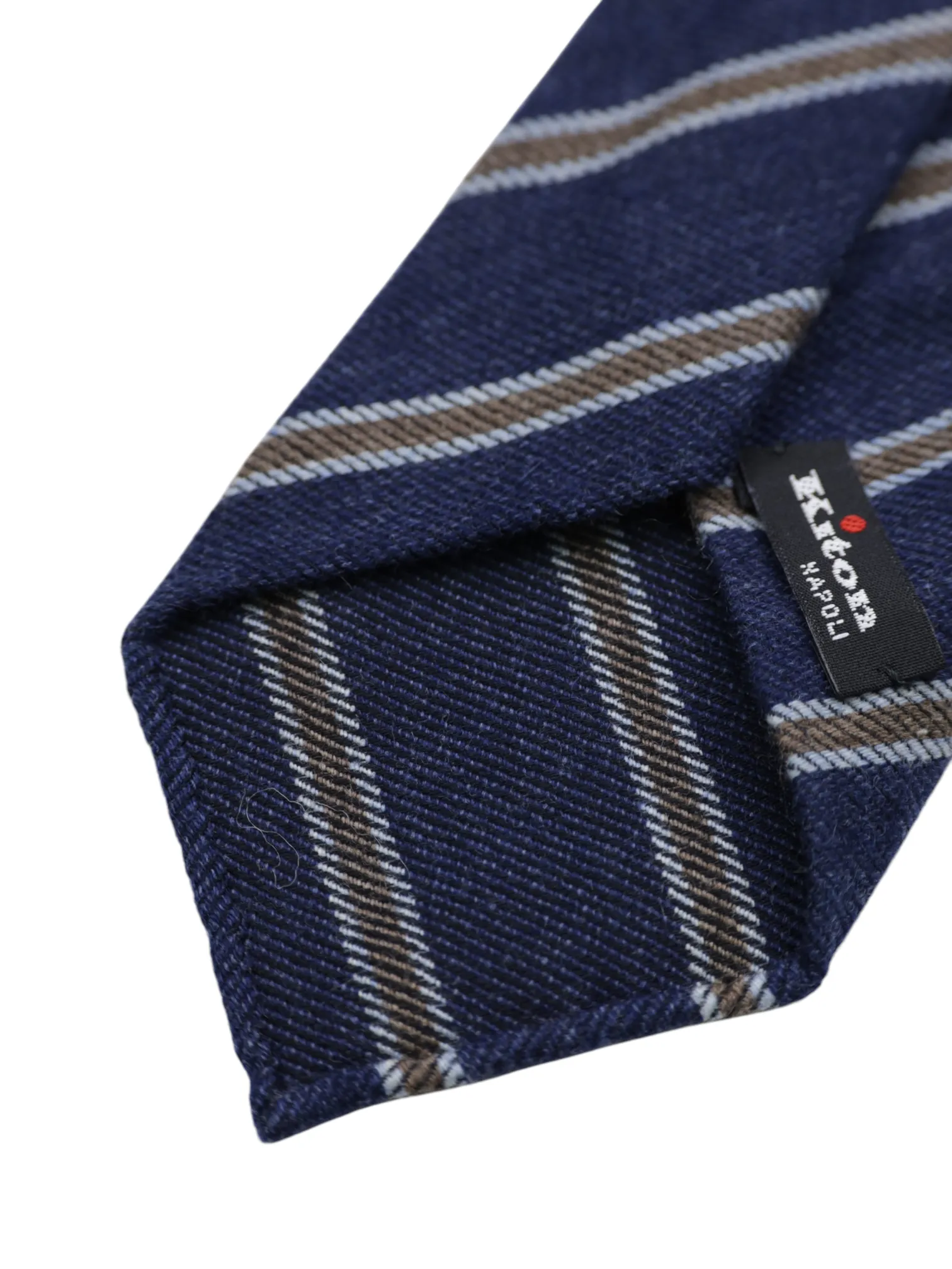 Kiton 5-Fold Indigo Blue & Brown Handrolled Cashmere, Wool & Silk Striped Tie