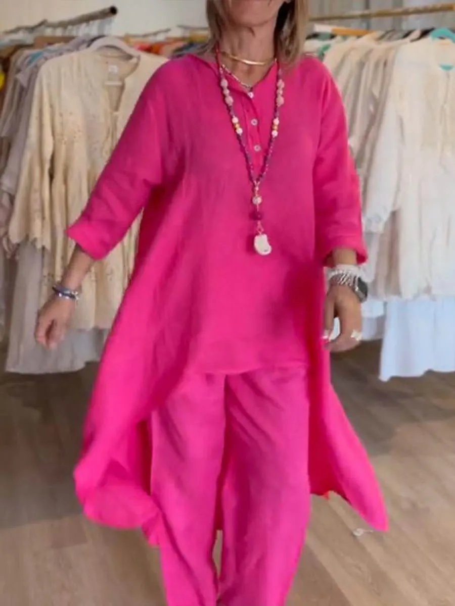 Ladies Round Neck Solid Color Casual Long Sleeve Cotton and Linen Suit