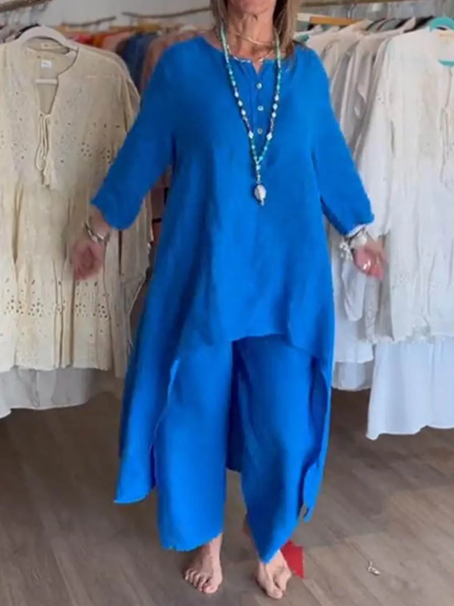 Ladies Round Neck Solid Color Casual Long Sleeve Cotton and Linen Suit