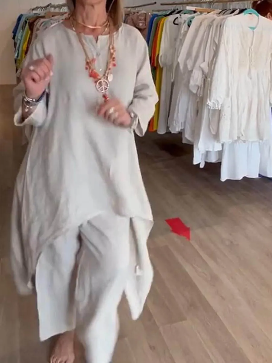 Ladies Round Neck Solid Color Casual Long Sleeve Cotton and Linen Suit