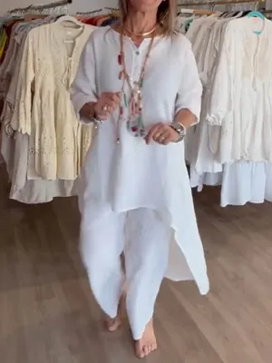 Ladies Round Neck Solid Color Casual Long Sleeve Cotton and Linen Suit