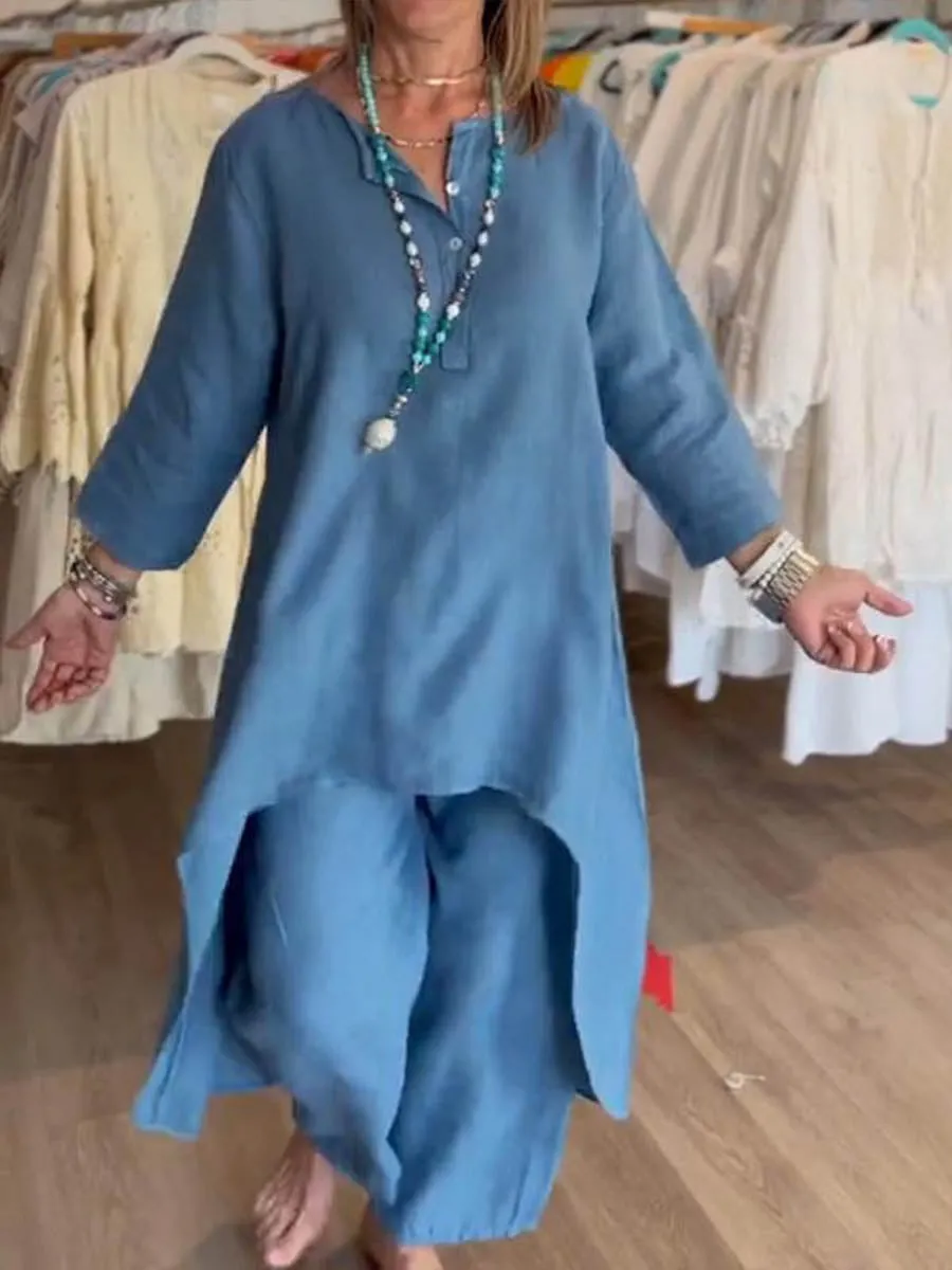 Ladies Round Neck Solid Color Casual Long Sleeve Cotton and Linen Suit
