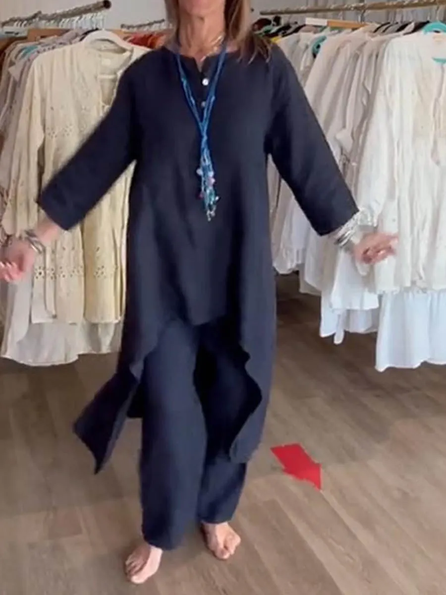 Ladies Round Neck Solid Color Casual Long Sleeve Cotton and Linen Suit