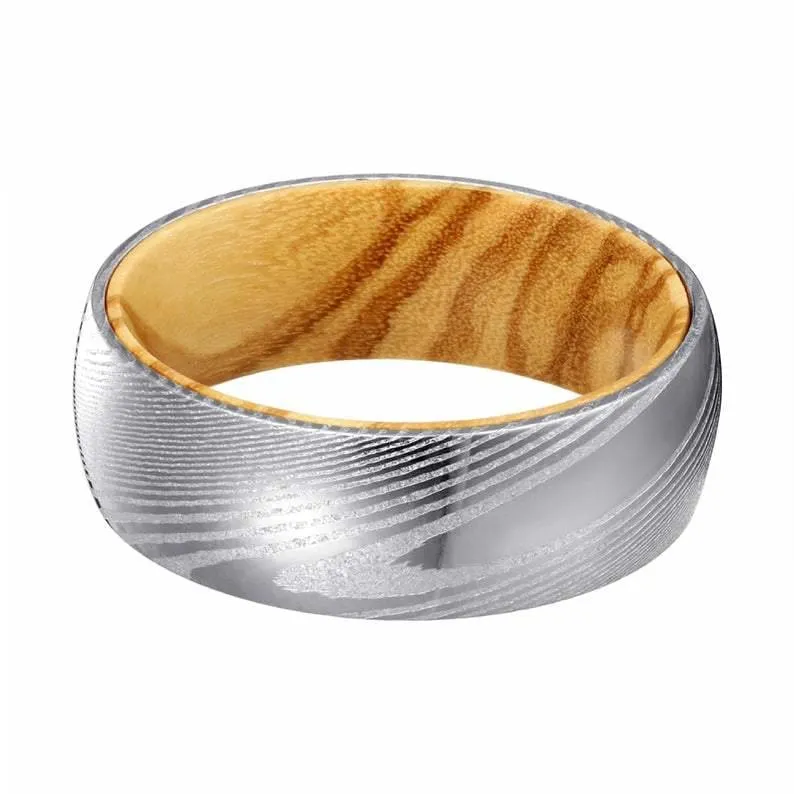LANTO Men's Domed Damascus Steel Ring with Olive Wood Sleeve 8MM