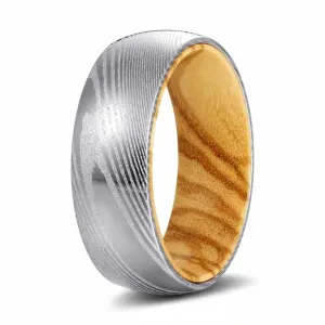 LANTO Men's Domed Damascus Steel Ring with Olive Wood Sleeve 8MM