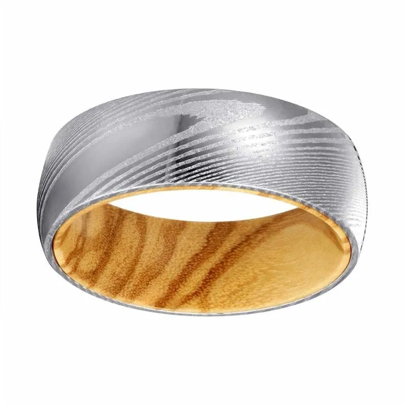 LANTO Men's Domed Damascus Steel Ring with Olive Wood Sleeve 8MM