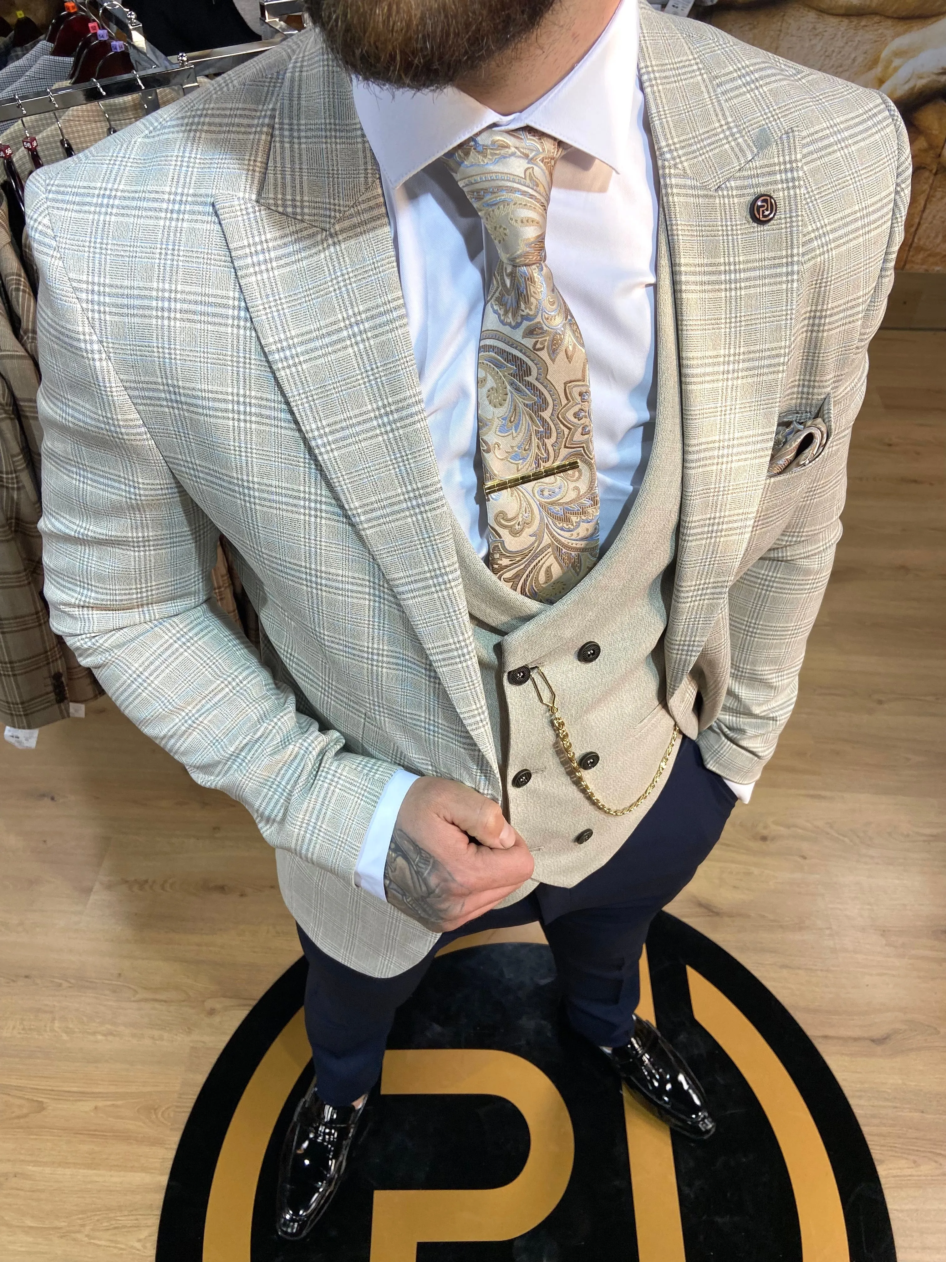 Leroy - Stone/Blue 3 Piece Suit