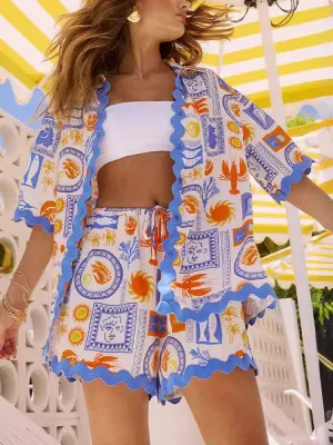 Linen Blend Unique Printed Short Sleeved Shirt and Elastic Waist Tie Shorts Set