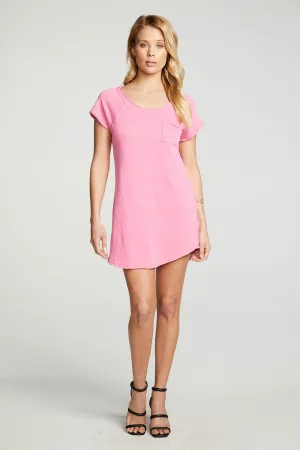 Linen French Terry Short Sleeve Hi Lo Shirttail Pocket Tee Dress